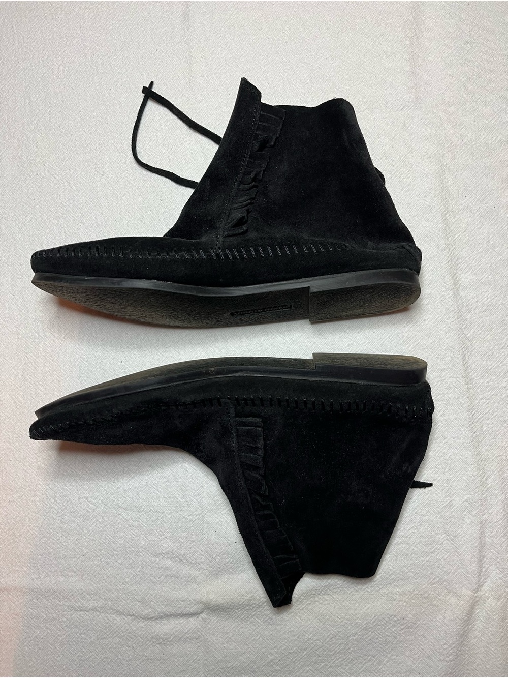 Minnetonka Black Suede Fringe Ankle Boots with Concho Buttons - Picture 2 of 5